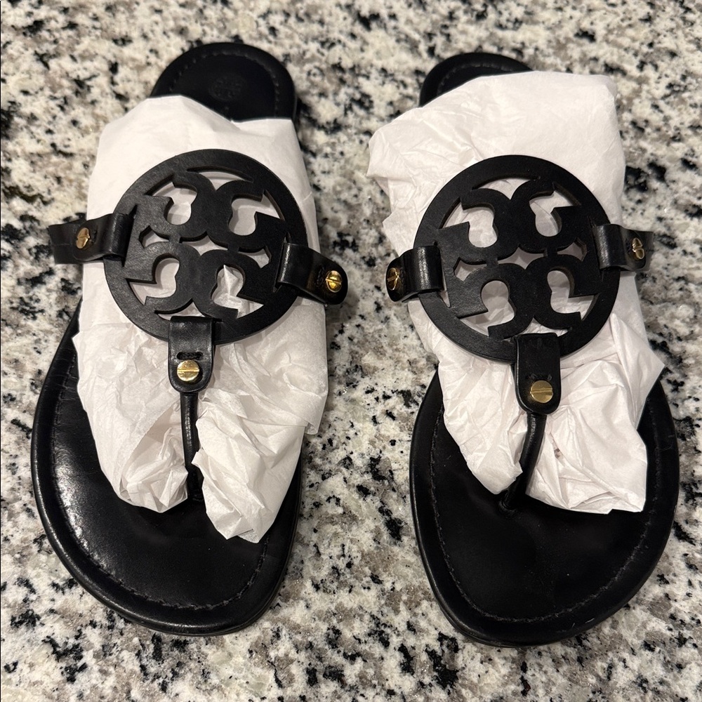 Tory Burch Black Leather Logo Thong Sandals